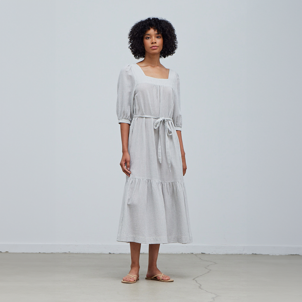Stripe Cotton Linen Easy Midi Dress Ocean / M Stripe Cotton Linen Easy Midi Dress Ocean / M