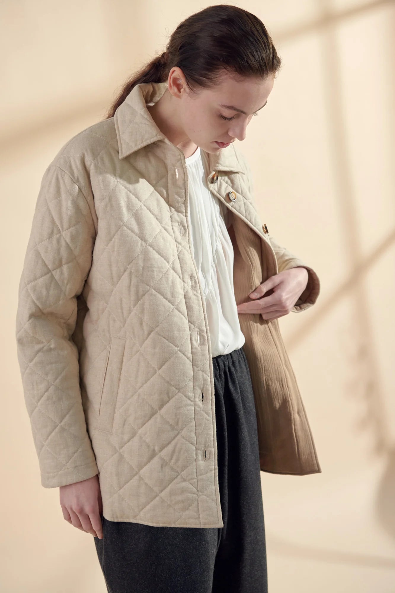 Quilted down top shirt jacket