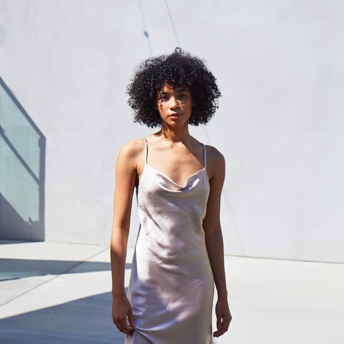 cowl neck satin dress champagne KissProm