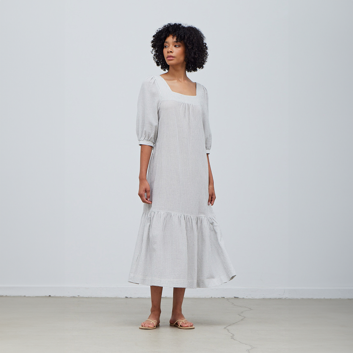 Stripe Cotton Linen Easy Midi Dress