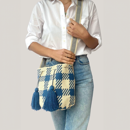 Sky Blue Checkered Wayuu Bag